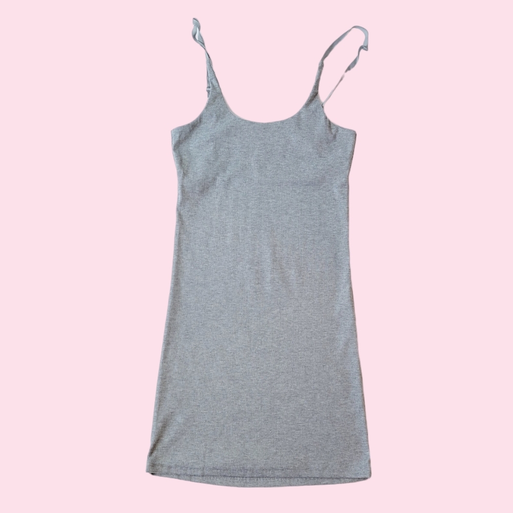 Grey Ribbed Y2K 2000s Long Cami Tank Top Stretch Mini Dress L
